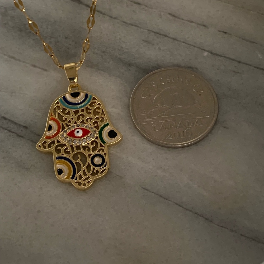 Hamsa Pendant Necklace Stainless Steel 16”+2” - Picture 2 of 4